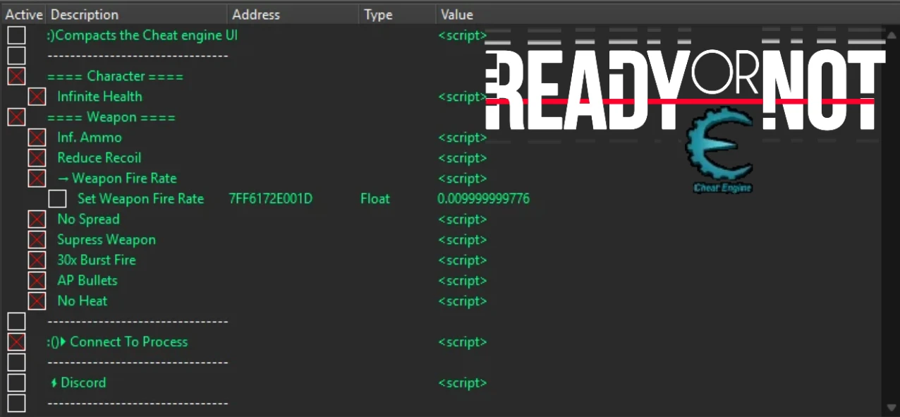 Ready Or Not "Таблица +10 для Cheat Engine" [UPD: 02.07.2025] {NSLFAZETREMP}