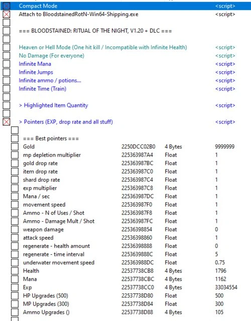 Bloodstained: Ritual of the Night: Таблица для Cheat Engine [UPD: 14.02.2021/1.21] {Karlos_007}