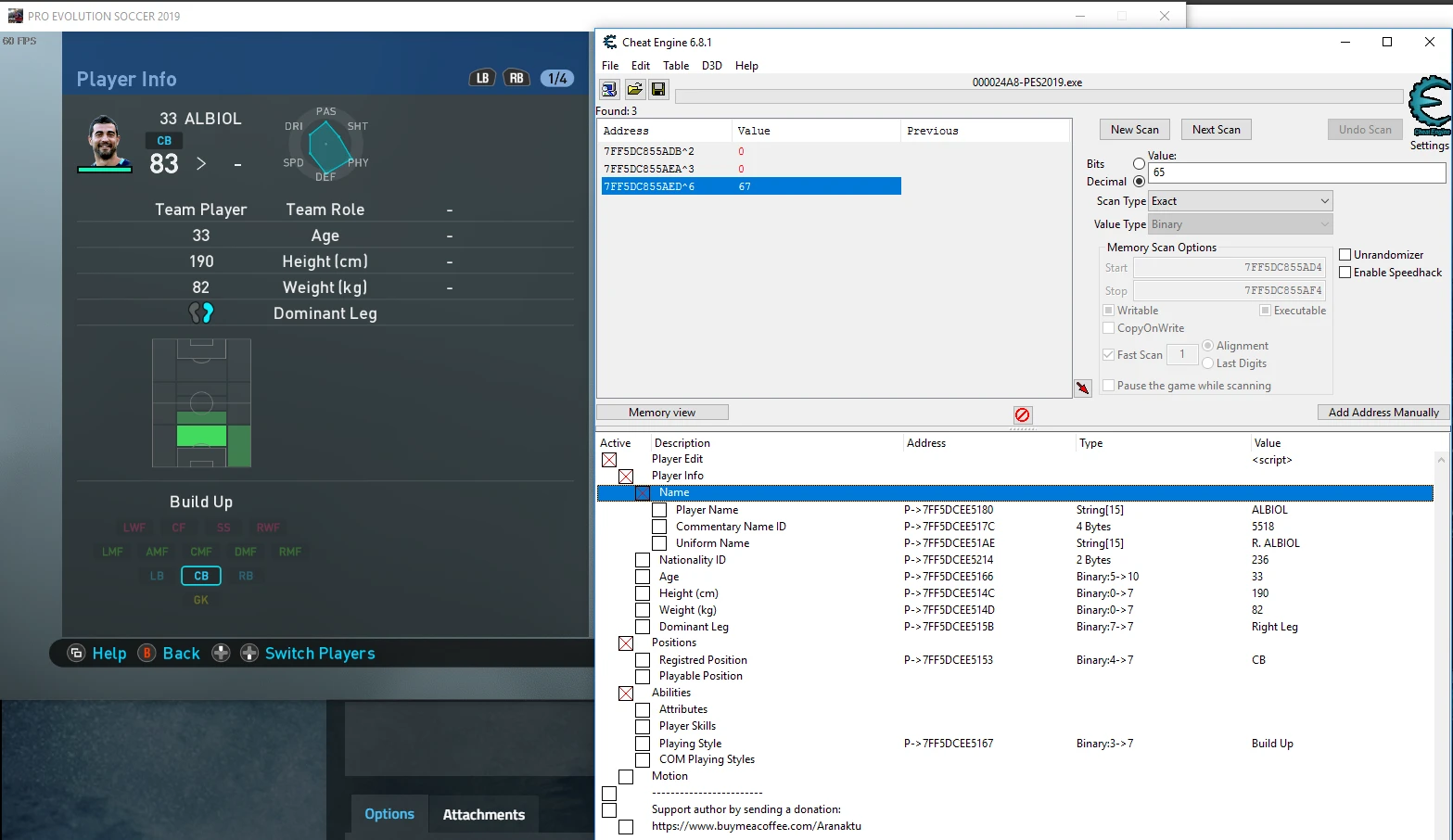 Pro Evolution Soccer 2019 (PES 2019): Таблица для Cheat Engine (Редактор Игроков) [11.05.2019] {ferrys37}