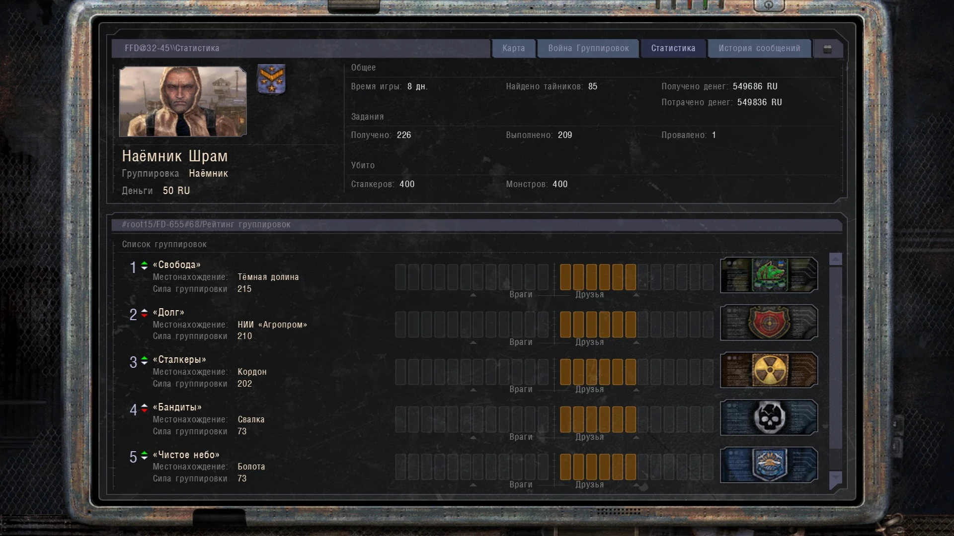 S.T.A.L.K.E.R: Clear Sky "Сохранение - Полное прохождение, выполнены все квесты, собрано много вещей"