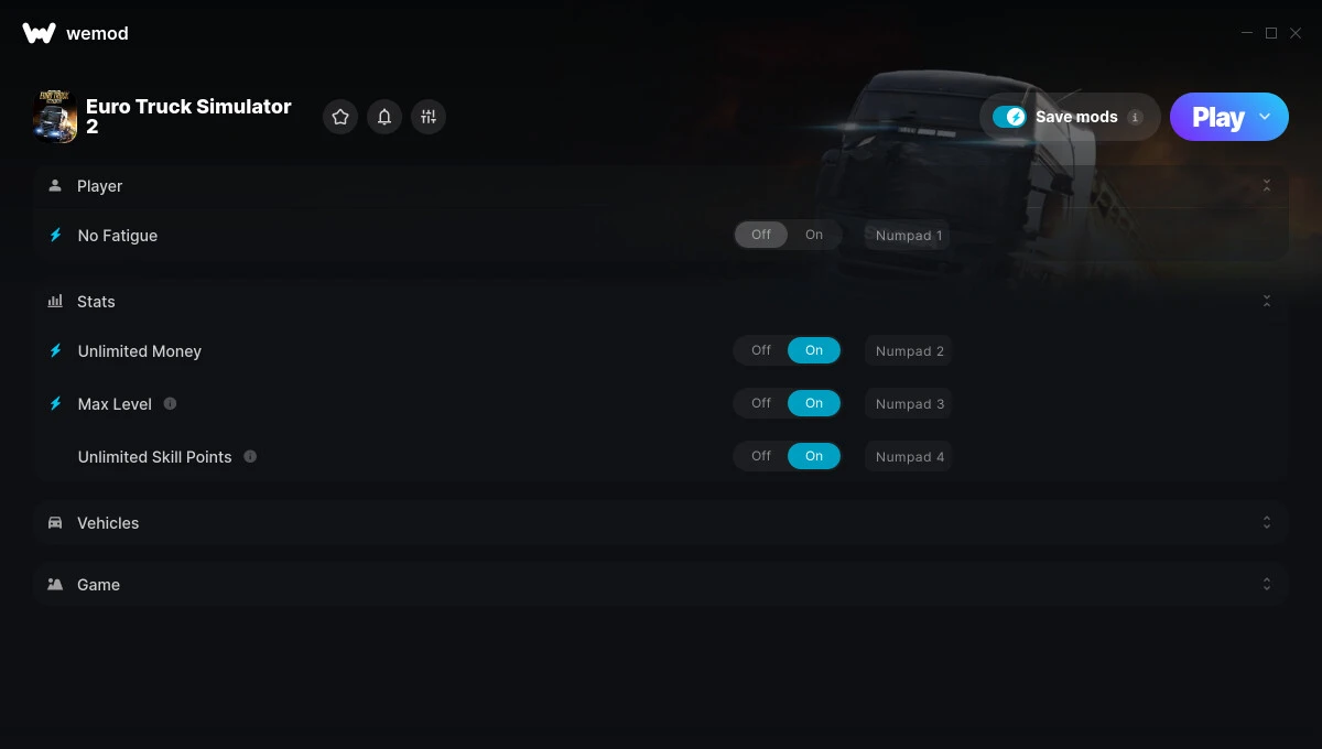 Euro Truck Simulator 2 "Трейнер +12 от WeMod: Усталость, урон, топливо, деньги и пр"