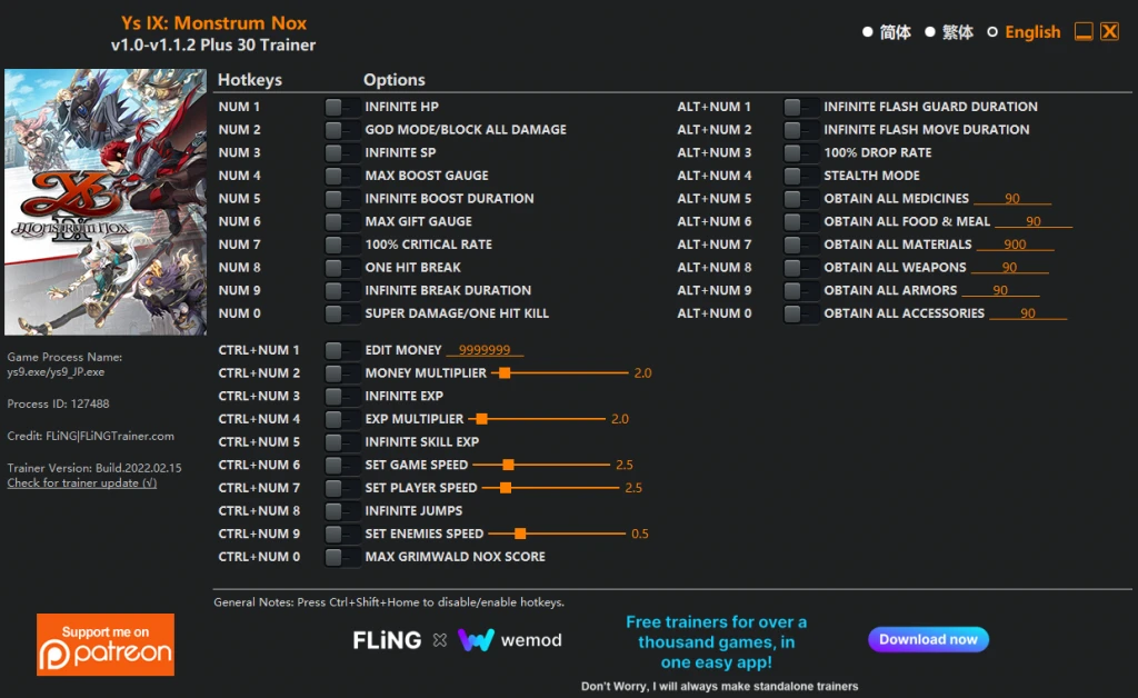 Ys IX: Monstrum Nox: Трейнер/Trainer (+30) [1.0 - 1.1.2] {FLiNG}
