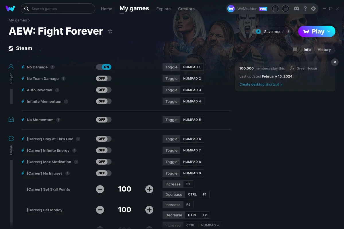 AEW: Fight Forever "Трейнер +12" [UPD: 15.02.2024] {GreenHouse / WeMod}