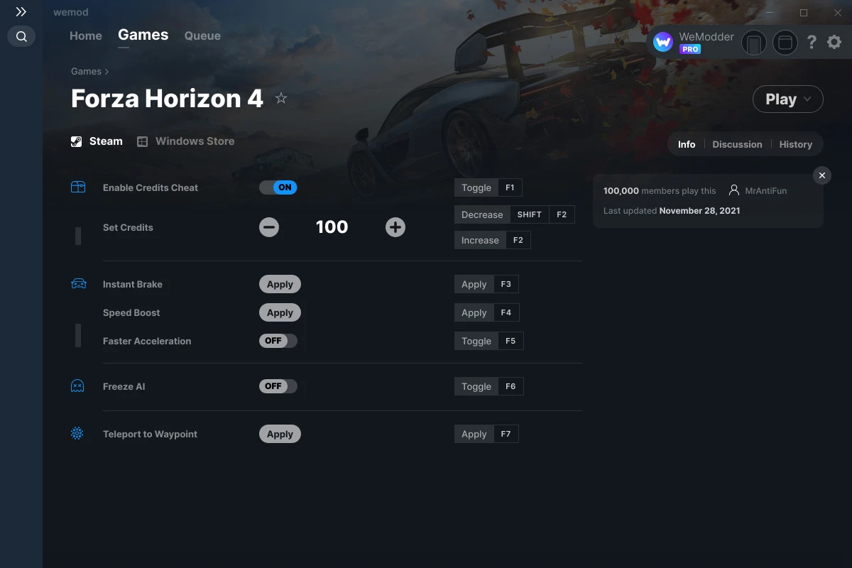 Forza Horizon 4 "Трейнер +7 от WeMod: Кредиты, ускорение, заморозка ИИ, телепорт"