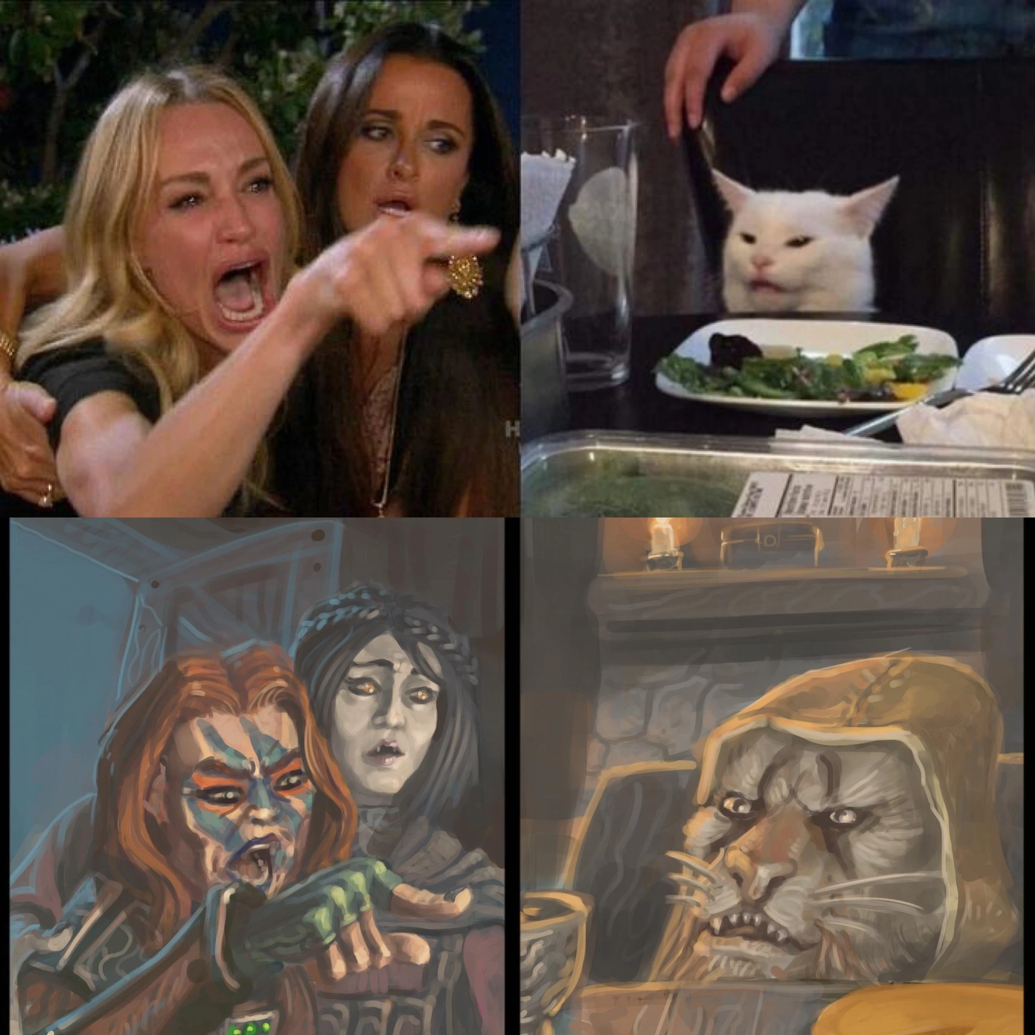 Мем с котом и дамами в стиле Скайрима