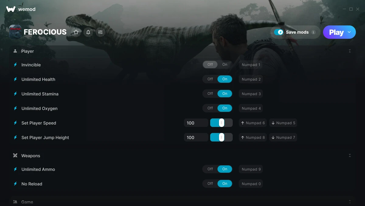 Ferocious "Трейнер +9 от WeMod: Редактор игрока и оружия"