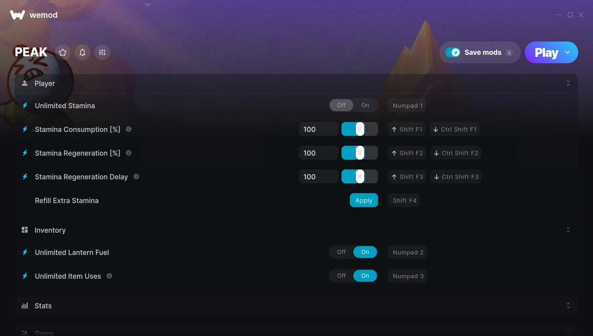 PEAK "Трейнер +38 от WeMod: Выносливость, топливо, скорость и пр"