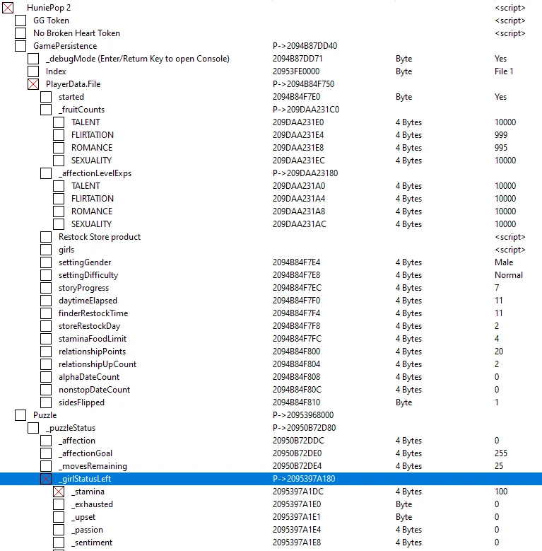 HuniePop 2: Double Date: Таблица для Cheat Engine [UPD: 10.02.2021] {Cake-san}