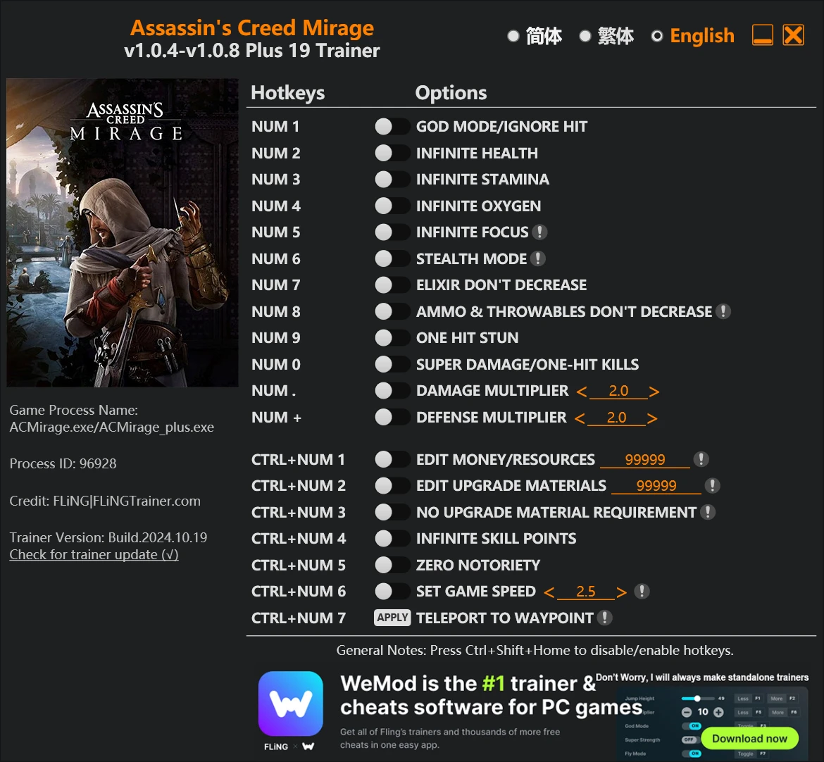 Assassin's Creed: Mirage "Трейнер +19" [1.0.4 - 1.0.8] {FLiNG}
