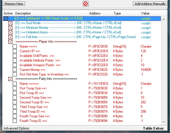 Caribbean!: Таблица для Cheat Engine (+4) [1.000] {Recifense}