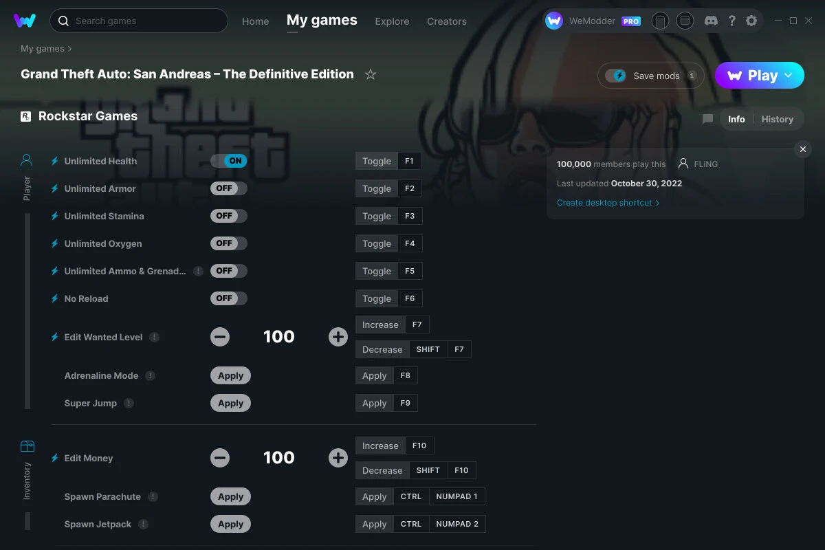 Grand Theft Auto: San Andreas - The Definitive Edition "Трейнер +49" [UPD: 30.10.2022] {FLiNG / WeMod}