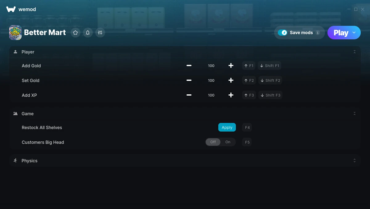 Better Mart "Трейнер +10 от WeMod: Золото, опыт, полки, скорость"