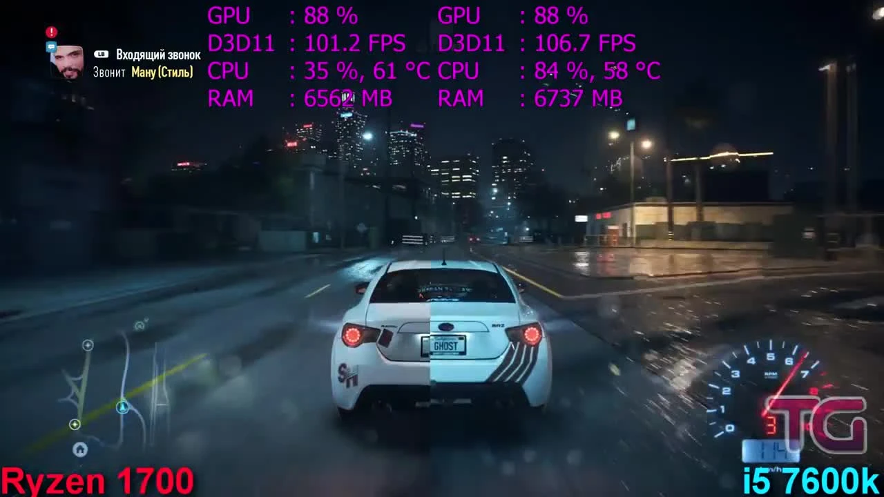 Ryzen 7 1700 vs i5 7600k в NFS 2015 (GTX 1070)