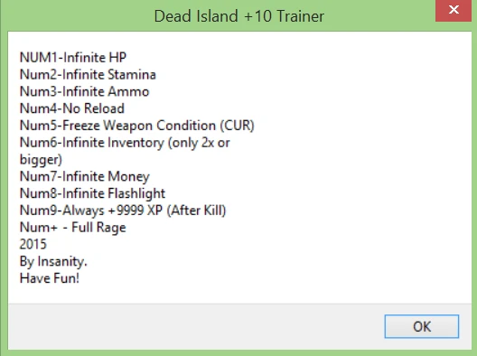 Dead Island: Трейнер/Trainer (+10) [Steam / 1.3.0] {Insanity}