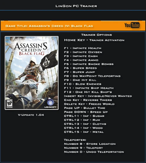 Assassin's Creed 4 ~ Black Flag: Трейнер/Trainer (+24) [1.04] {LinGon}