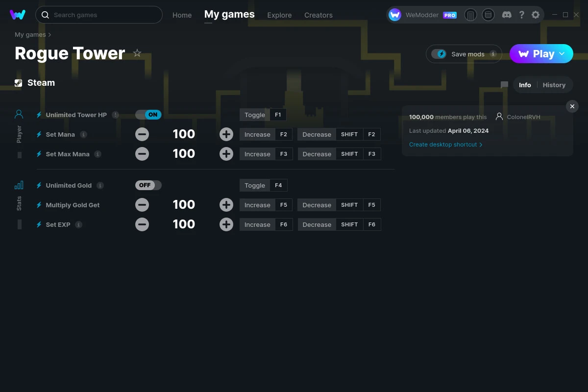 Rogue Tower "Трейнер +6" [UPD: 06.04.2024] {ColonelRVH / WeMod}