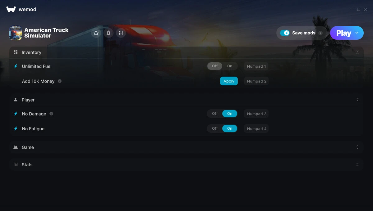 American Truck Simulator "Трейнер 11 от WeMod: Деньги, усталость, топливо и пр"