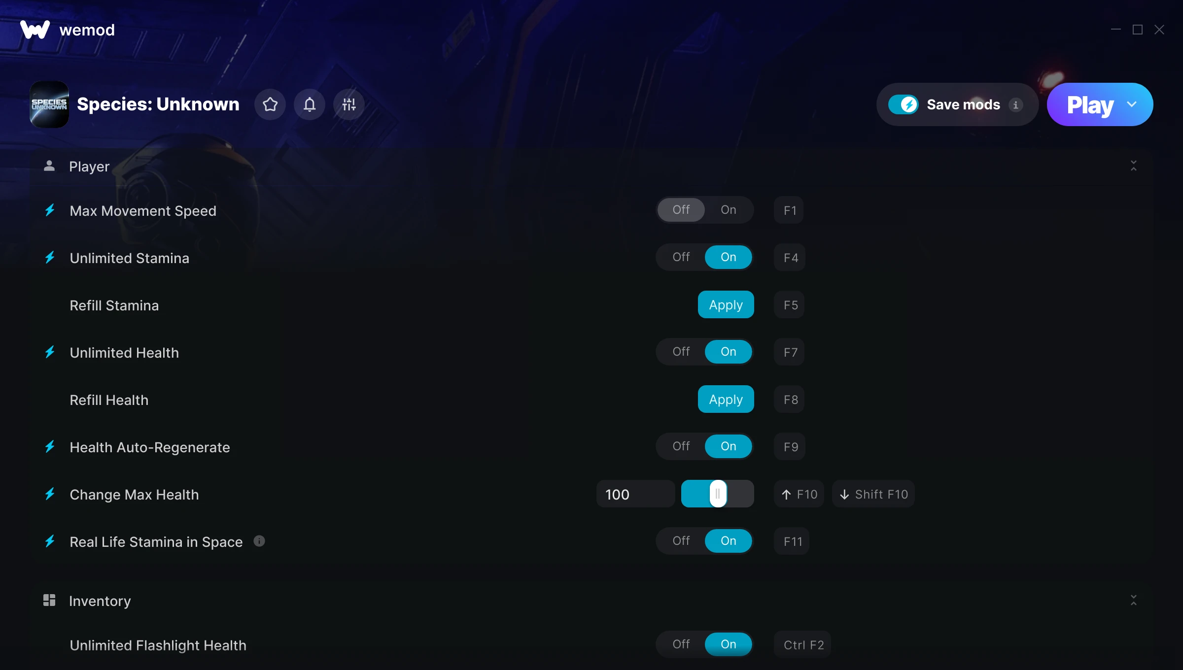 Species: Unknown "Трейнер +21 от WeMod: Редактор игрока, оружия и инвентаря"