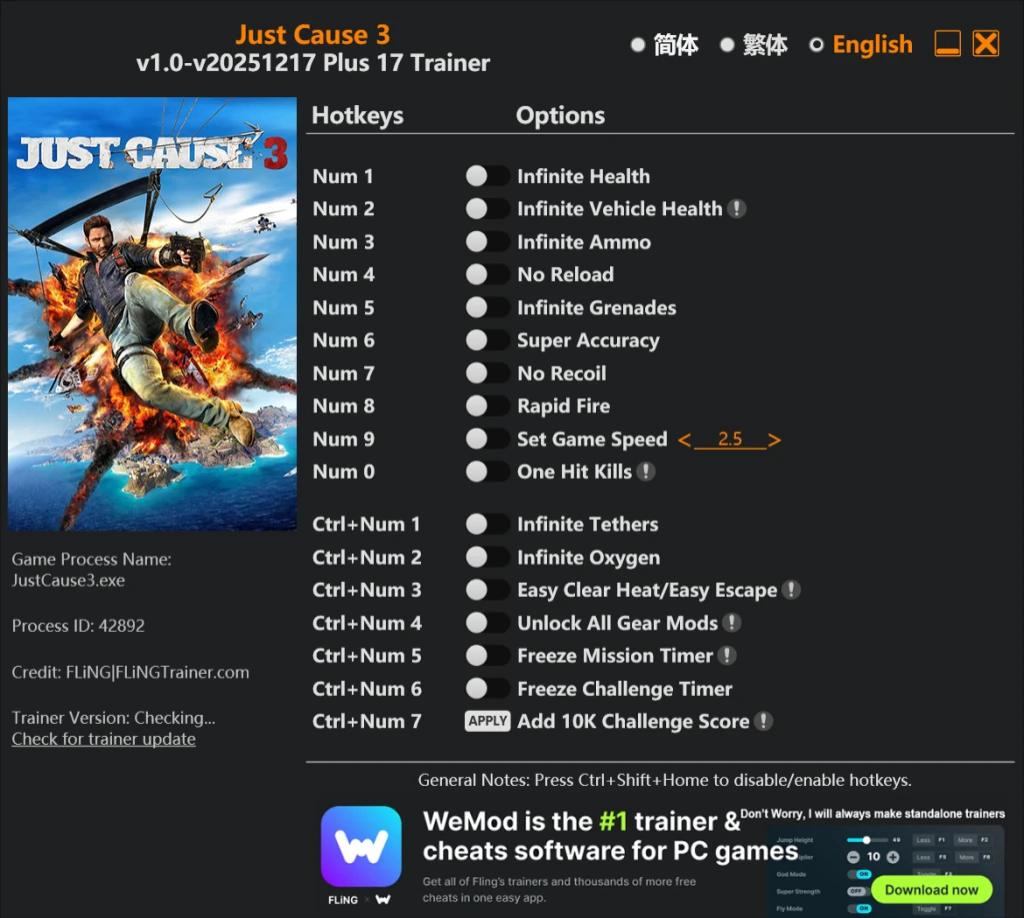 Just Cause 3 "Трейнер +17 от FLiNG: Редактор игрока, оружия, транспорта" [1.0 - UPD: 17.12.2025]