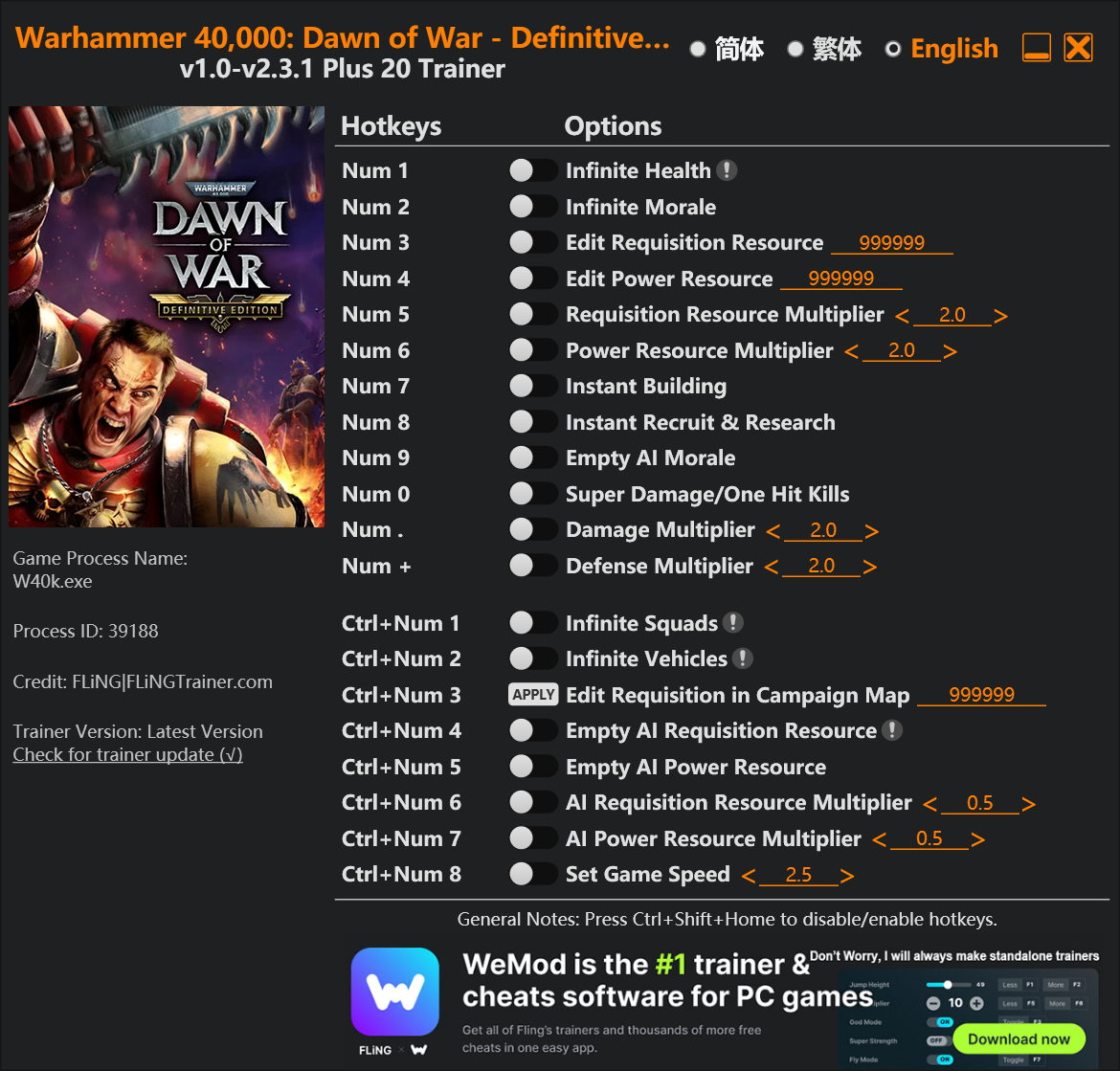 Dawn of War: Definitive Edition "Трейнер +20 от FLiNG: Здоровье, мораль, ресурсы и пр" [1.0 - 2.3.1]