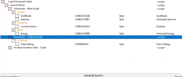 Volcanoids: Таблица для Cheat Engine [1.20.54.0] {Rysefox}