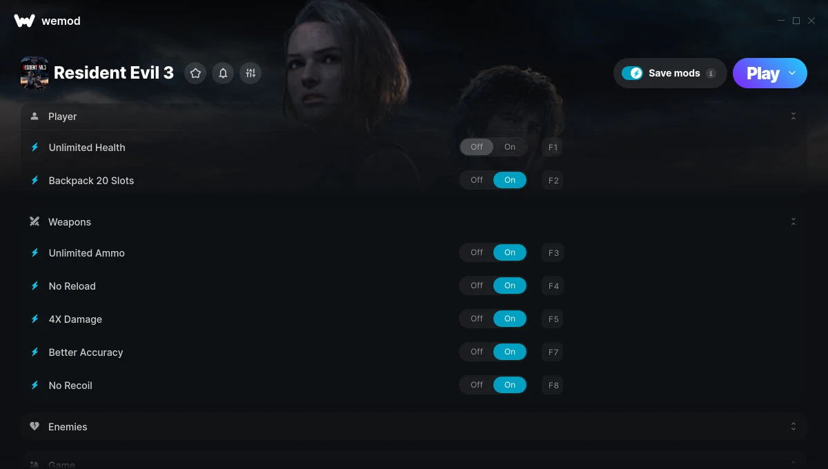 Resident Evil 3 "Трейнер +10 от WeMod: Здоровье, патроны, статистика, Немезис не восстанавливается"