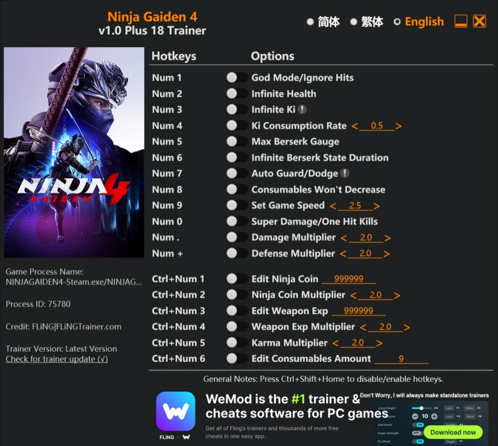 Ninja Gaiden 4 "Трейнер +18 от FLiNG: Здоровье, авто-уклонение, предметы, опыт, карма, супер урон" [1.0]