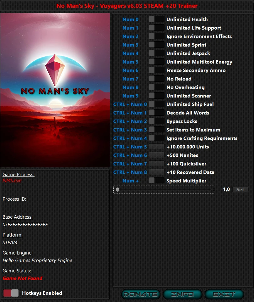 No Man's Sky "Трейнер +20 от iNvIcTUs oRCuS: Здоровье, бег, патроны, ресурсы и пр" [6.11]