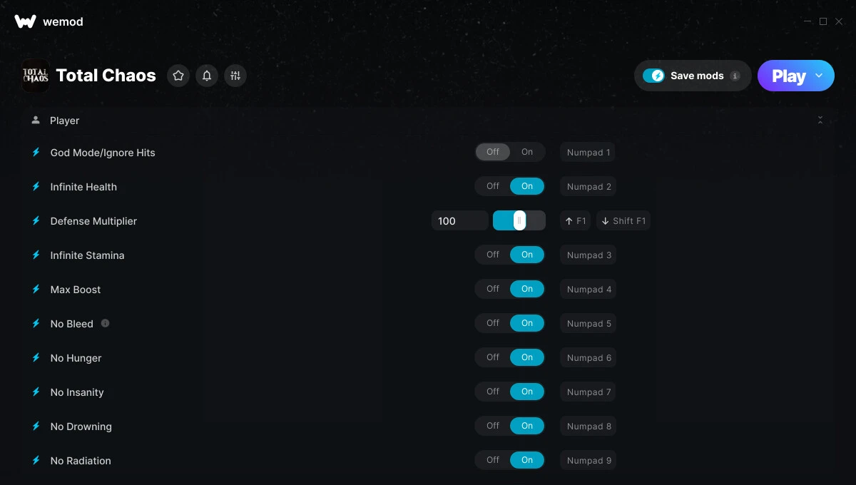 Total Chaos "Трейнер +18 от WeMod: Редактор игрока, инвентаря и характеристик"