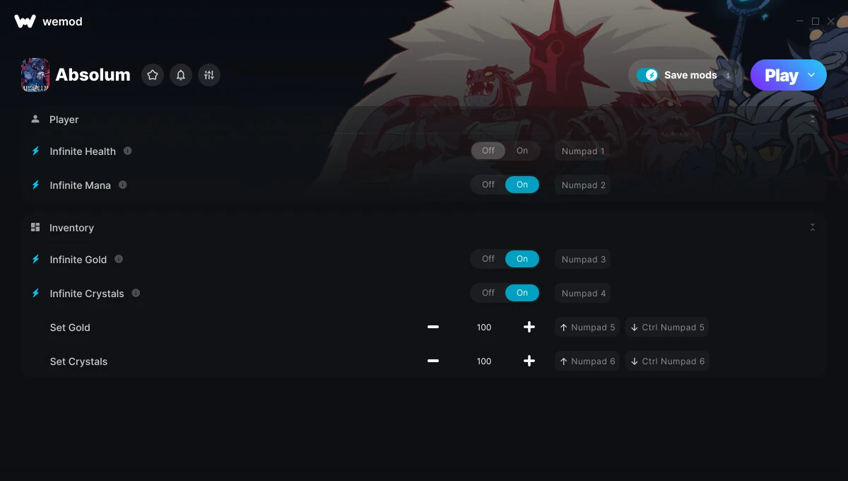 Absolum "Трейнер +6 от WeMod: Здоровье, мана, золото, кристалы"