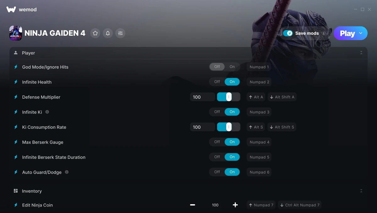 Ninja Gaiden 4 "Трейнер +18 от WeMod: Редактор игрока, инвентаря, оружия"