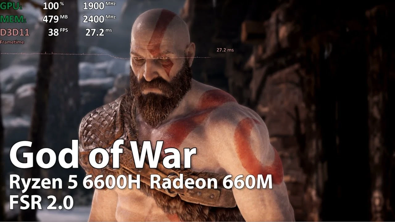 God of War выдаёт 30 к/сек при 1080P благодаря технологии AMD FSR 2.0 на AMD Ryzen 6600H с iGPU Radeon 660M RDNA2