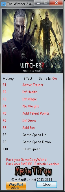 The Witcher 2 ~ Assassins of Kings: Трейнер/Trainer (+4) [Latest Steam] {MrAntiFun}