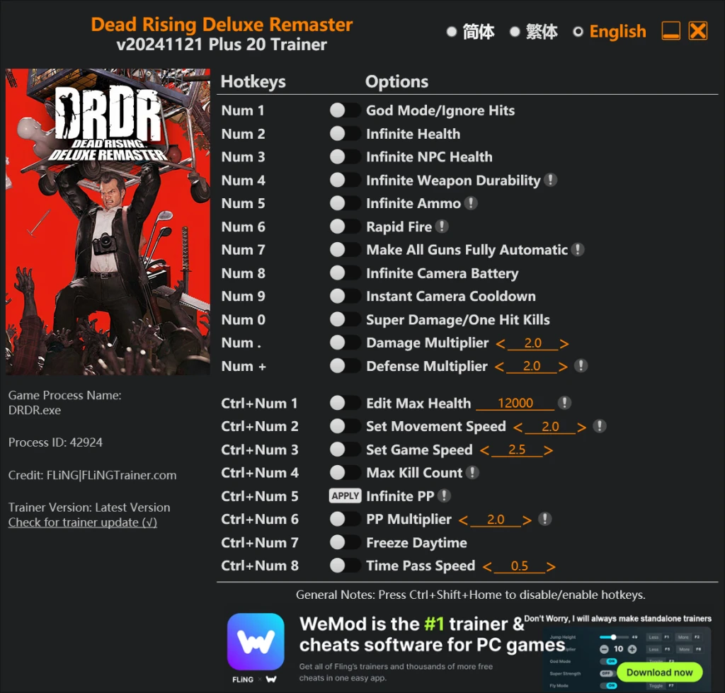 Dead Rising Deluxe Remaster "Трейнер +20 FLiNG - Редактор игрока и таймера, бессмертные выжившие"