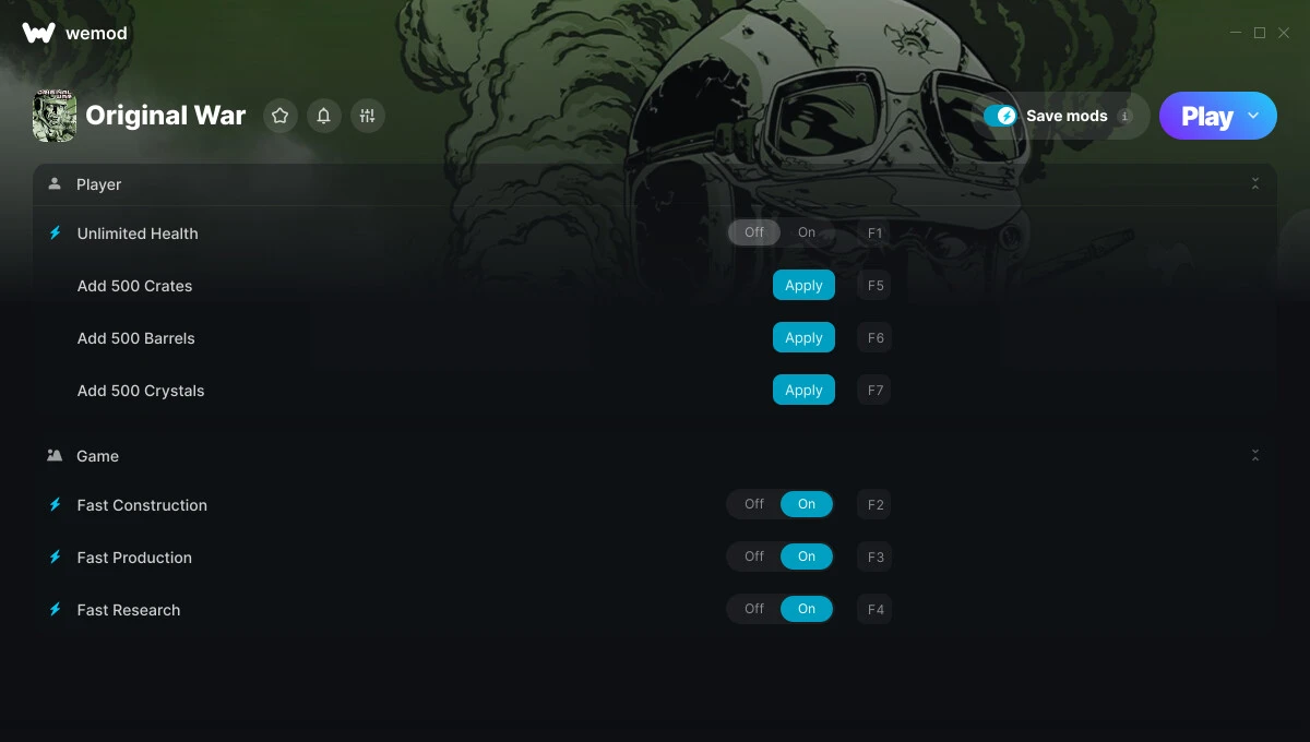 Original War "Трейнер +7 от WeMod: Здоровье, кристаллы, бочки и пр"