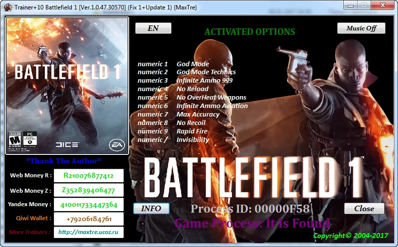 Battlefield 1: Трейнер/Trainer (+10) [Ver.1.0.47.30570] (Fix 1+Update 1) {MaxTre}