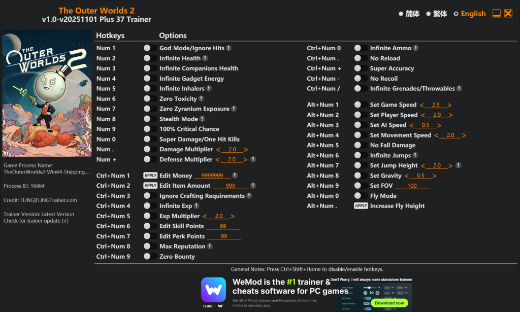 The Outer Worlds 2 "Трейнер +37 от FLiNG: Здоровье, энергия, деньги и пр" [1.0 - UPD: 01.11.2025]