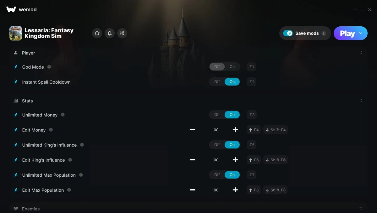 Lessaria: Fantasy Kingdom Sim "Трейнер +14 от WeMod: Здоровье, скорость, деньги и пр"