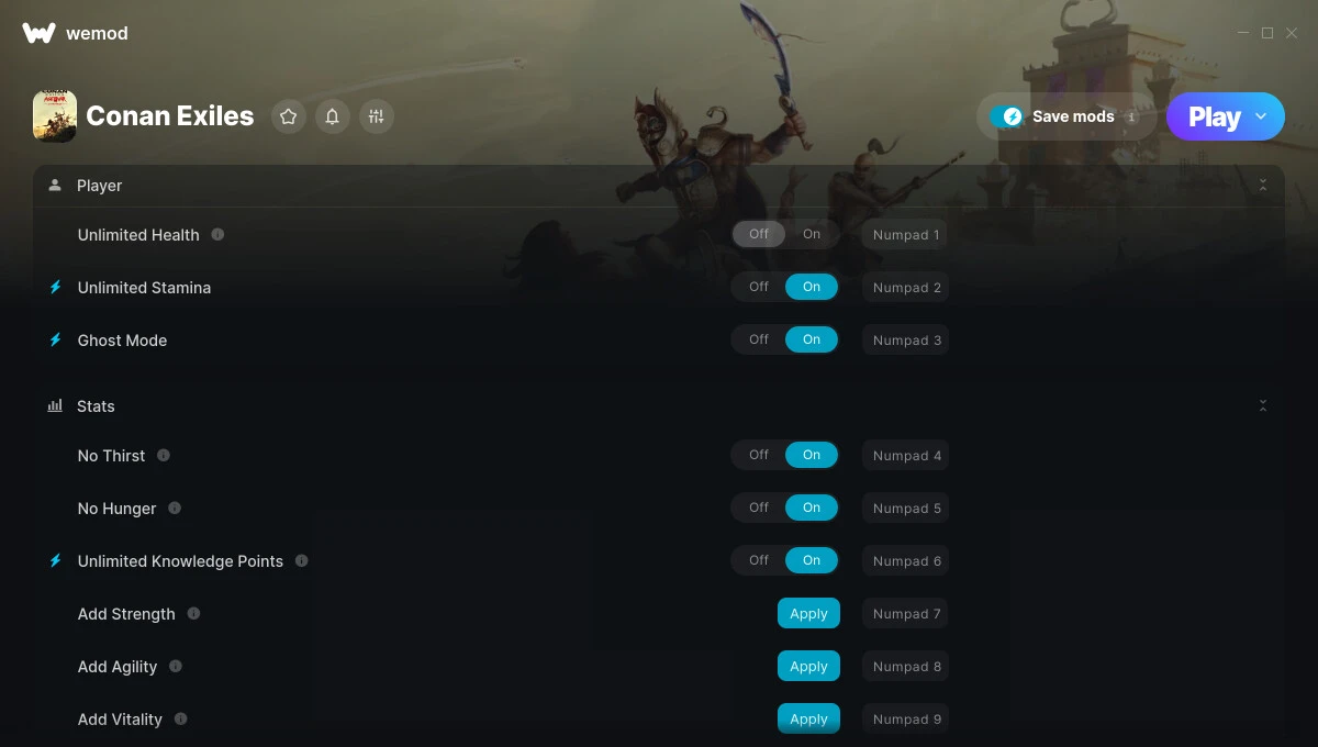 Conan Exiles "Трейнер +16 от WeMod: Редактор характеристик игрока, невидимость, знания"