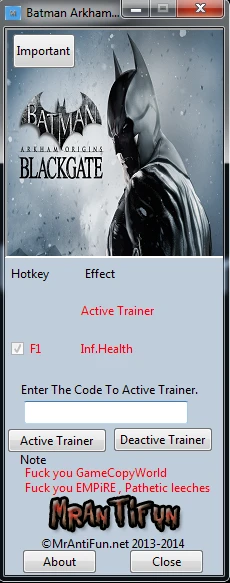 Batman: Arkham Origins ~ Blackgate: Трейнер/Trainer (+1: Бессмертие / Immortality) [1.0] {MrAntiFun}
