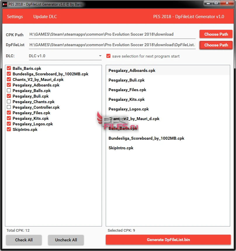 Pro Evolution Soccer 2018 "DpFileList Generator For PES 2018 1.0"