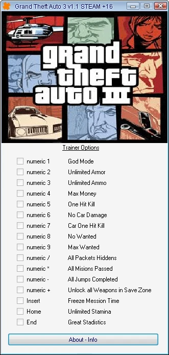 Grand Theft Auto 3: Трейнер (+16) [1.1 - STEAM] {h4x0r}