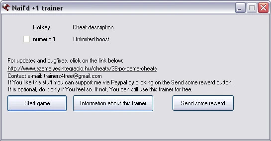 Nail'd: Трейнер (Бесконечное ускорение) [1.0] {Geri}