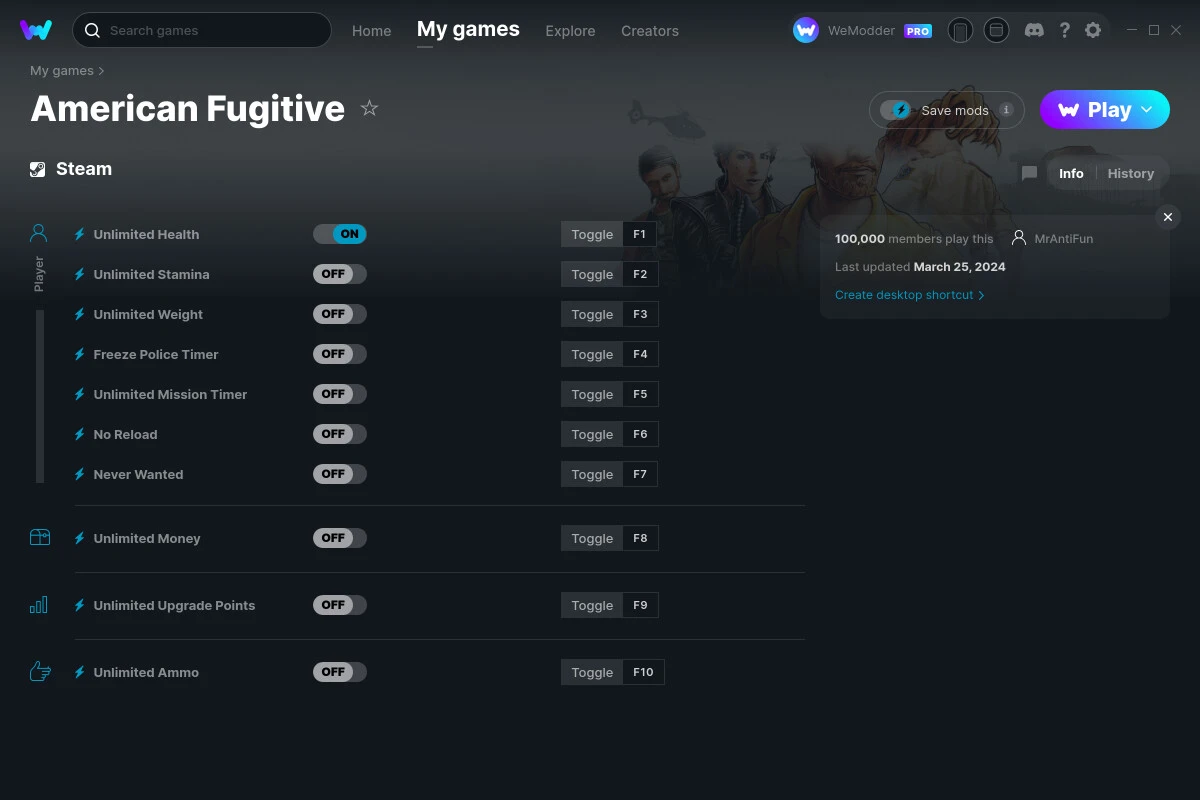 American Fugitive "Трейнер +10" [UPD: 25.03.2024] {MrAntiFun / WeMod}