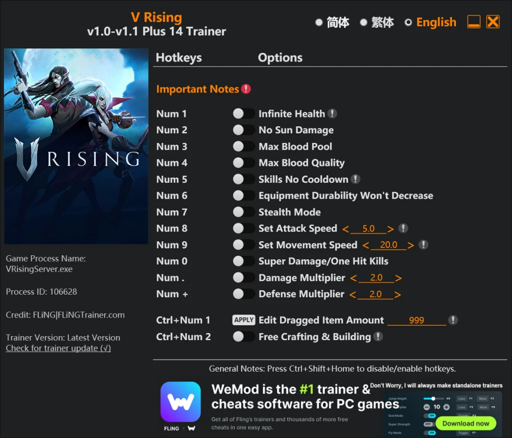 V Rising "Трейнер +14" [1.0 - 1.1] {FLiNG}