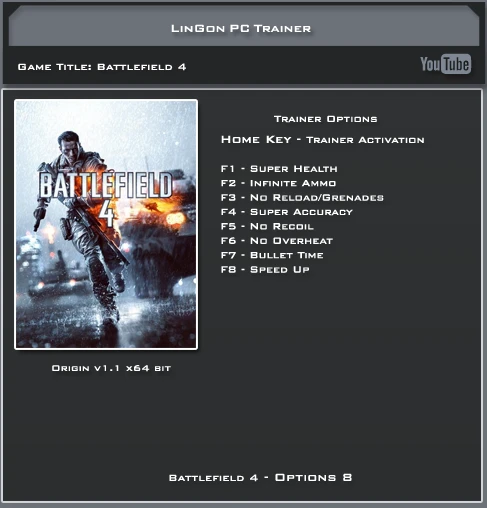 Battlefield 4: Трейнер/Trainer (+8) [Update 1: 64 Bit] {LinGon}