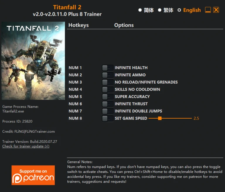 Titanfall 2: Трейнер/Trainer (+8) [2.0 - 2.0.11.0] {FLiNG}