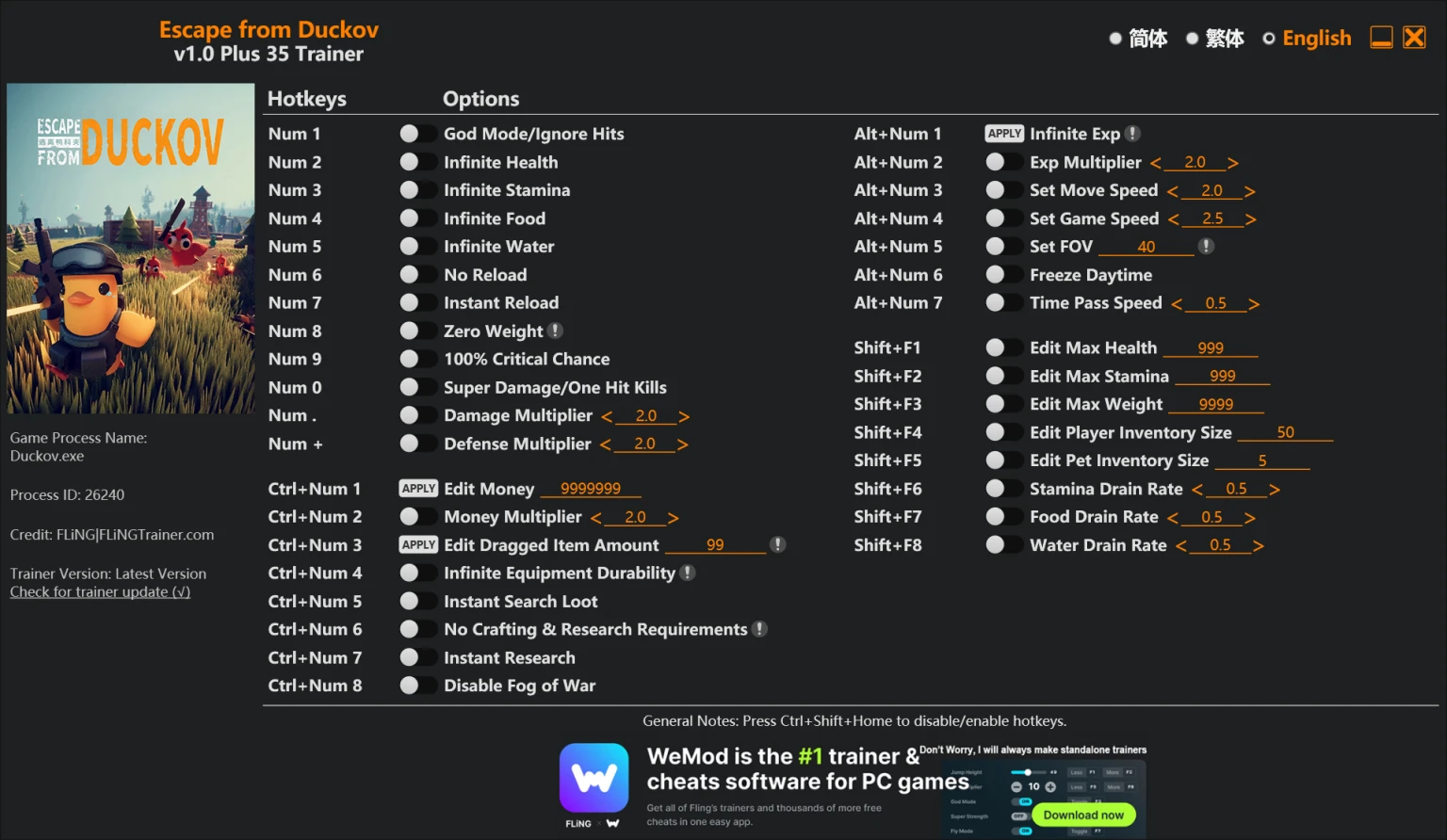 Escape from Duckov "Трейнер +35 от FLiNG: Здоровье, выносливость, без перезарядки и пр" [1.0]