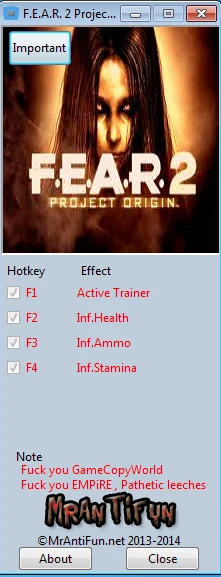F.E.A.R. 2 ~ Project Origin: Трейнер/Trainer (+3) [1.5.0] {MrAntiFun}
