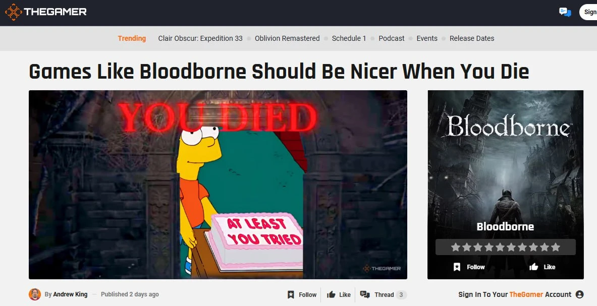 Журналист TheGamer раскритиковал экран "You Died" в играх FromSoftware